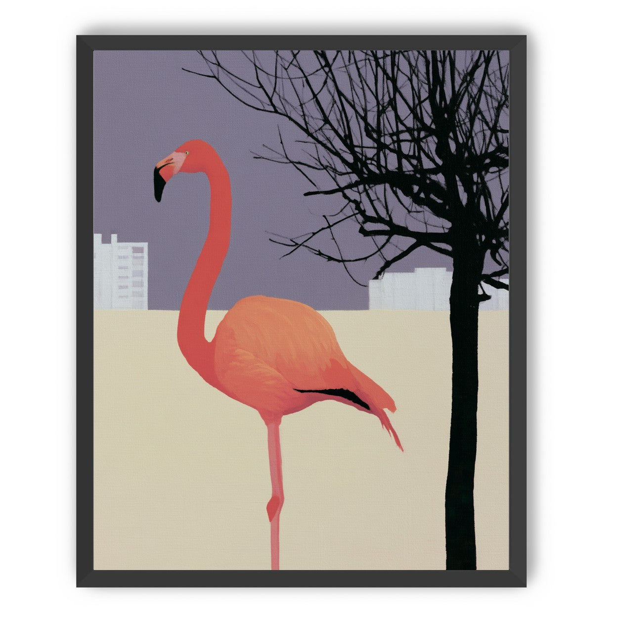 A flamingo beside the bare tree