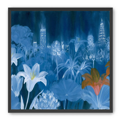 City lights behind lilies