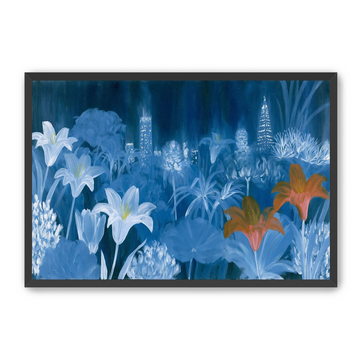 City lights behind lilies