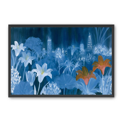 City lights behind lilies