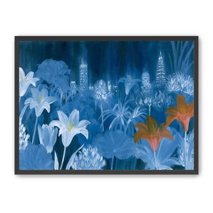 City lights behind lilies