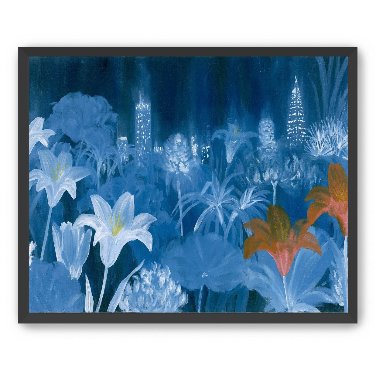 City lights behind lilies