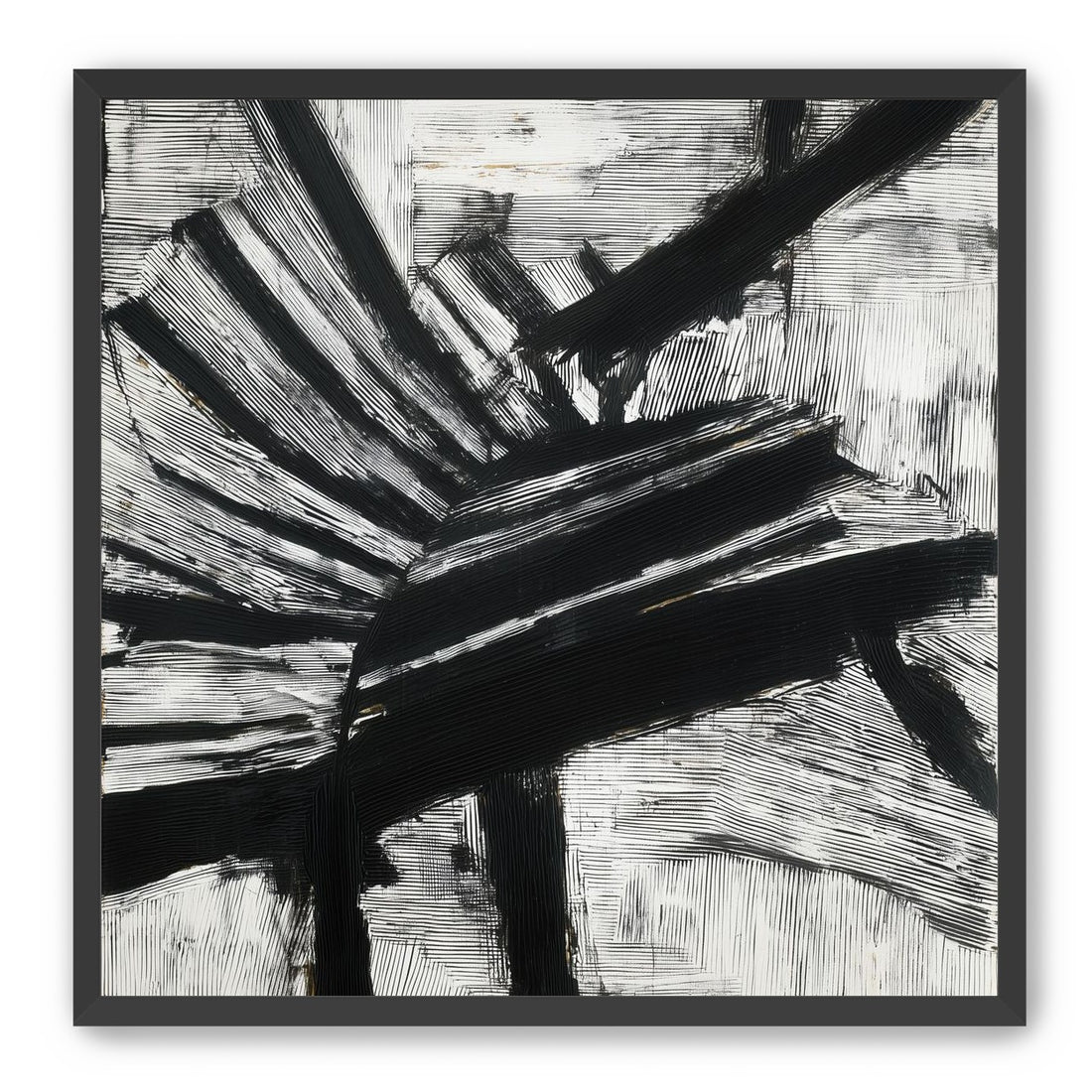 Non-Representational: Thick black brushstrokes cross and stack over a white surface filled with fine scratched lines.