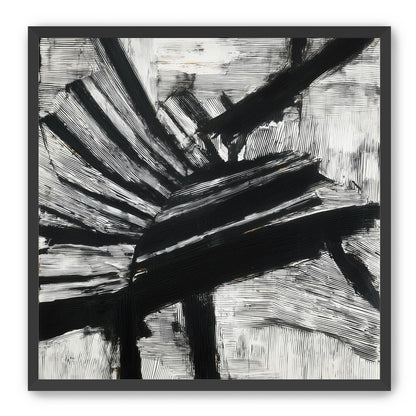 Non-Representational: Thick black brushstrokes cross and stack over a white surface filled with fine scratched lines.