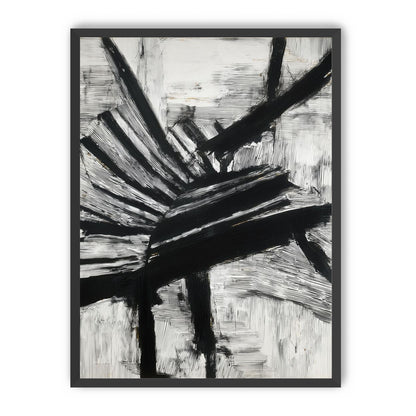 Non-Representational: Thick black brushstrokes cross and stack over a white surface filled with fine scratched lines.