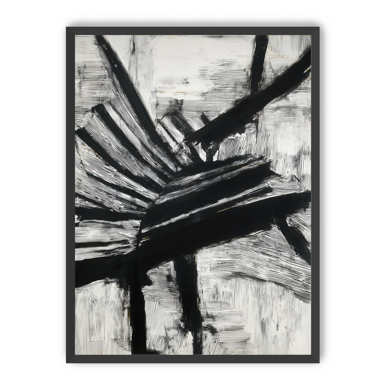 Non-Representational: Thick black brushstrokes cross and stack over a white surface filled with fine scratched lines.