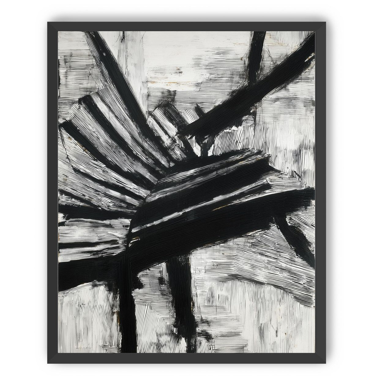 Non-Representational: Thick black brushstrokes cross and stack over a white surface filled with fine scratched lines.