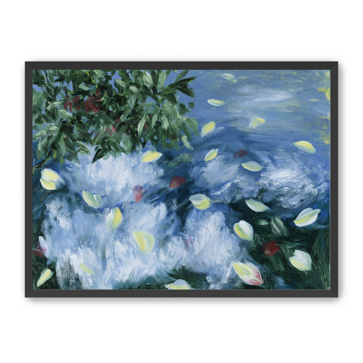 Petals across the blue water