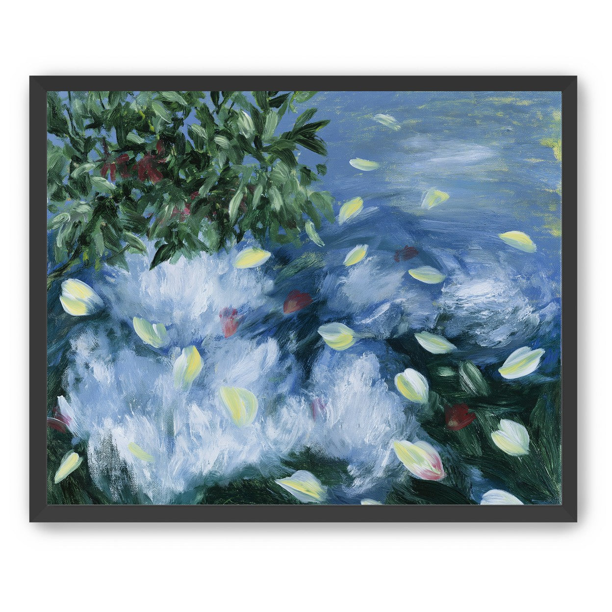 Petals across the blue water