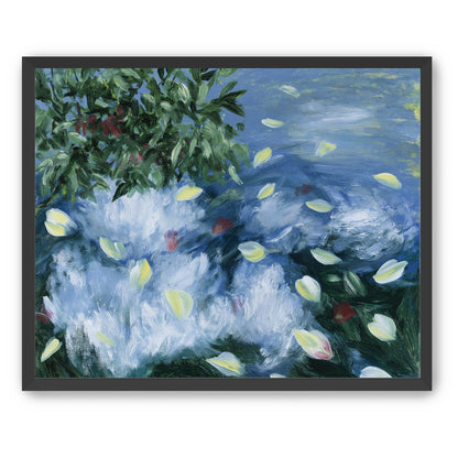 Petals across the blue water