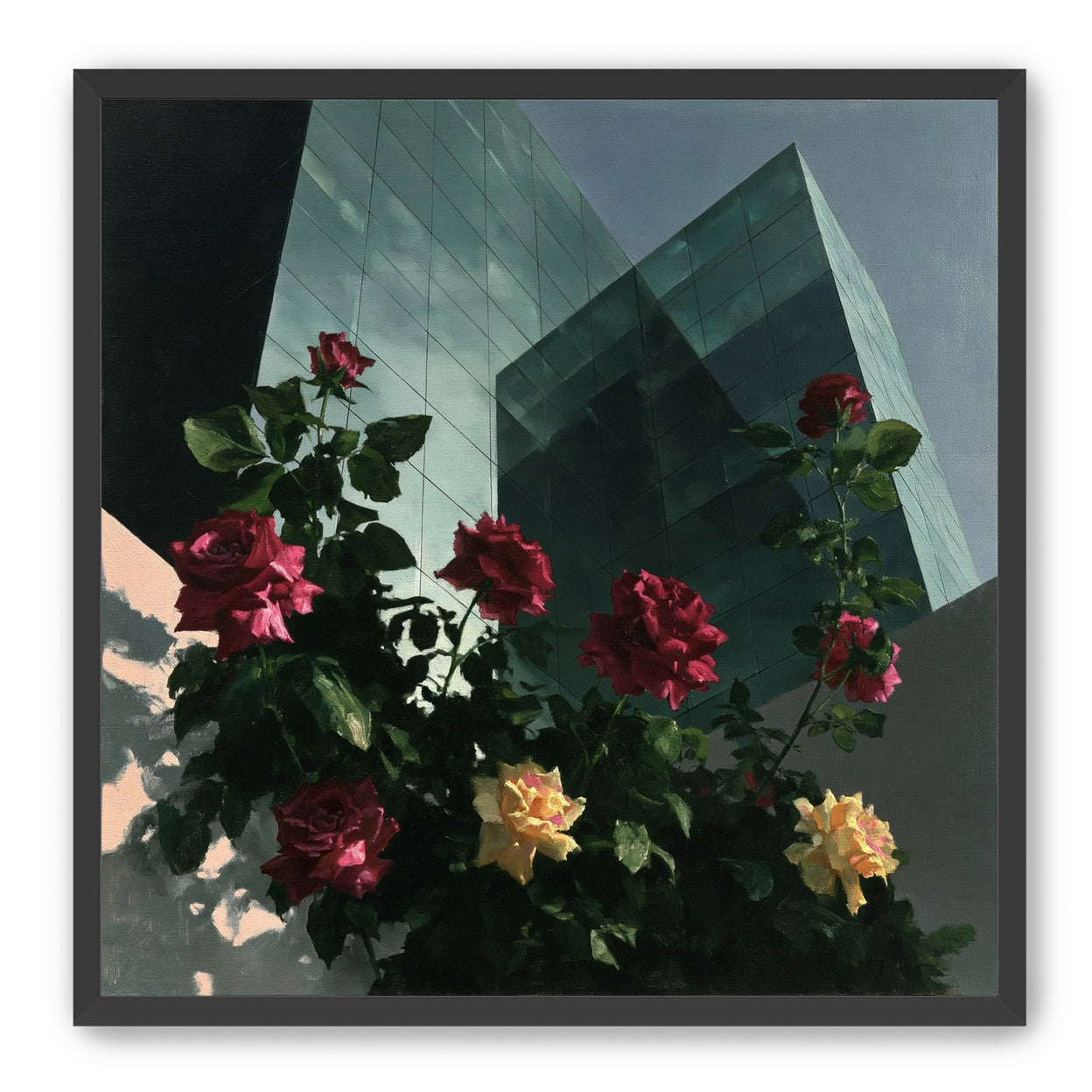 Roses against glass towers