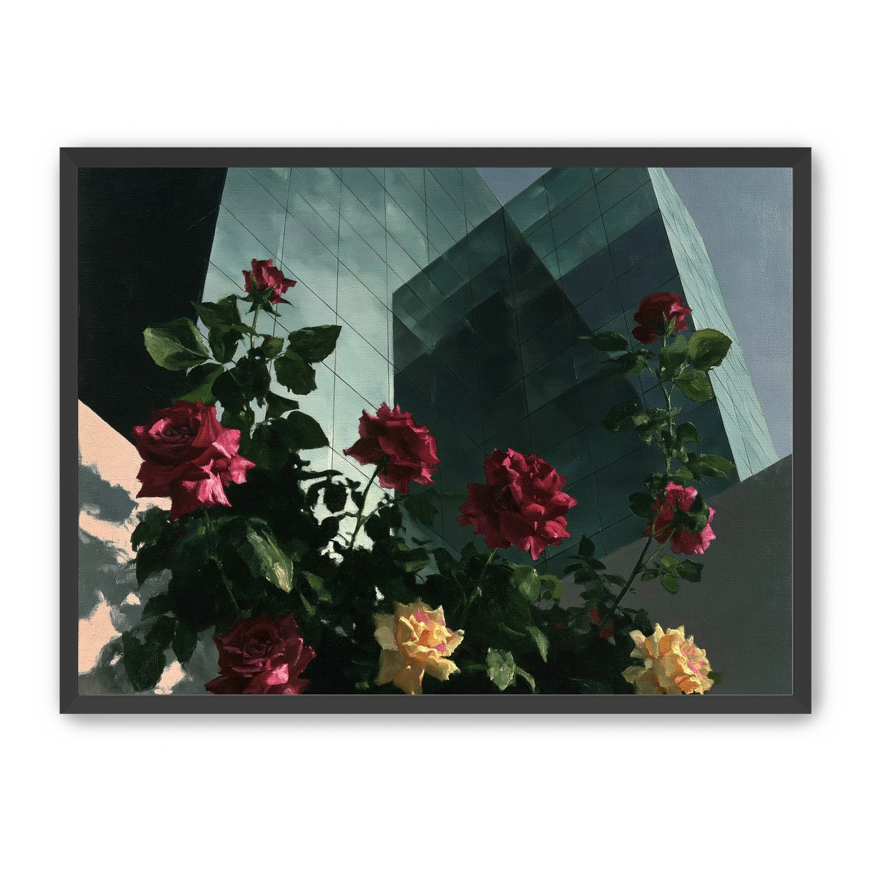 Roses against glass towers