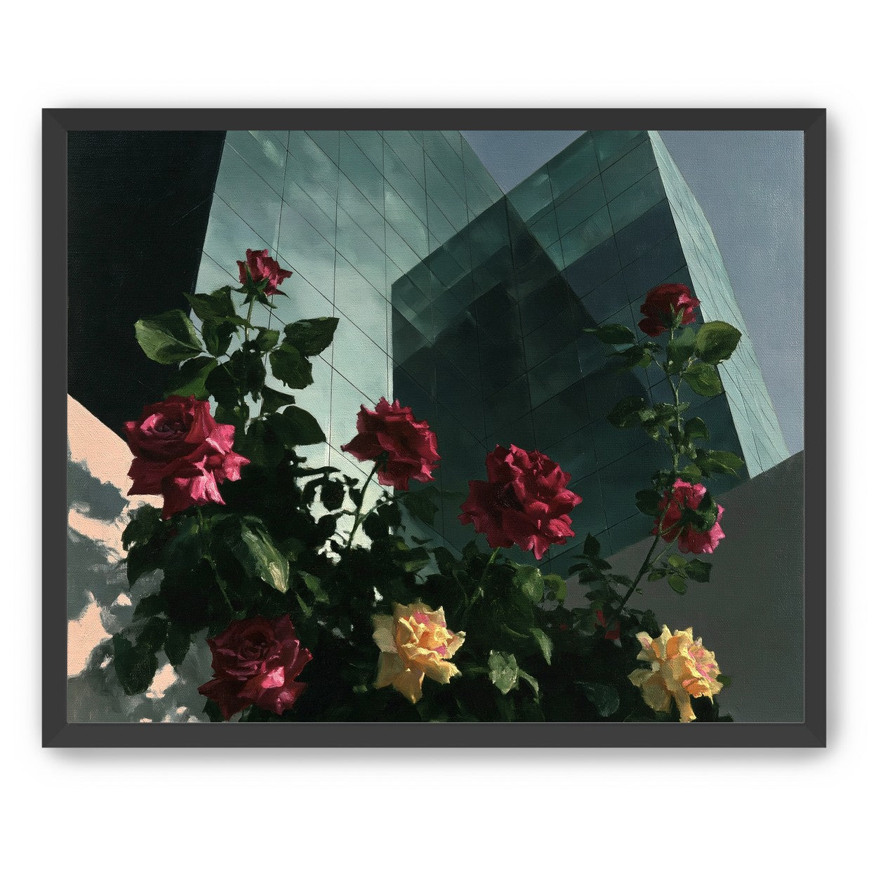 Roses against glass towers