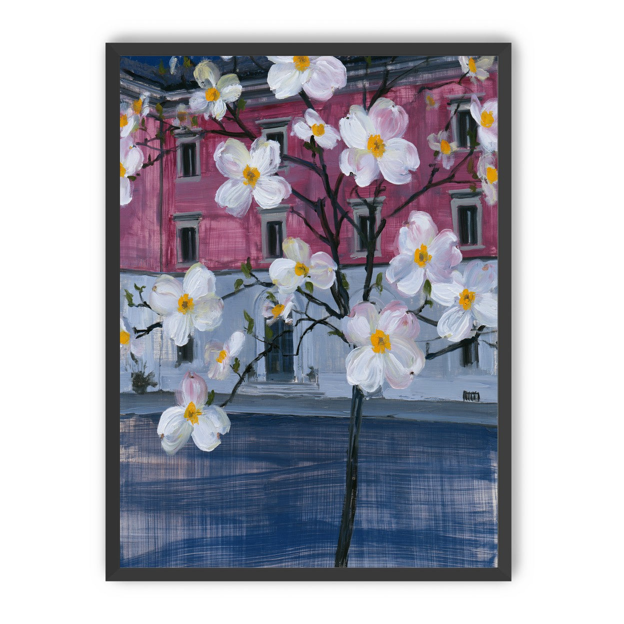 White blossoms over the pink house