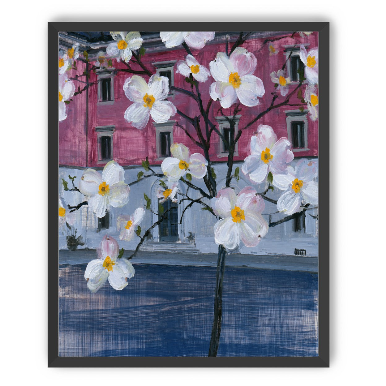 White blossoms over the pink house