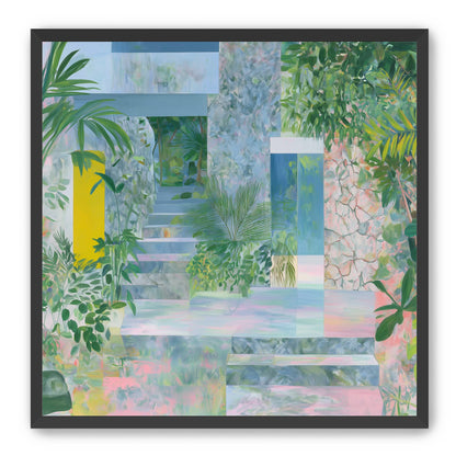 Pastel stairs between yellow and blue doors