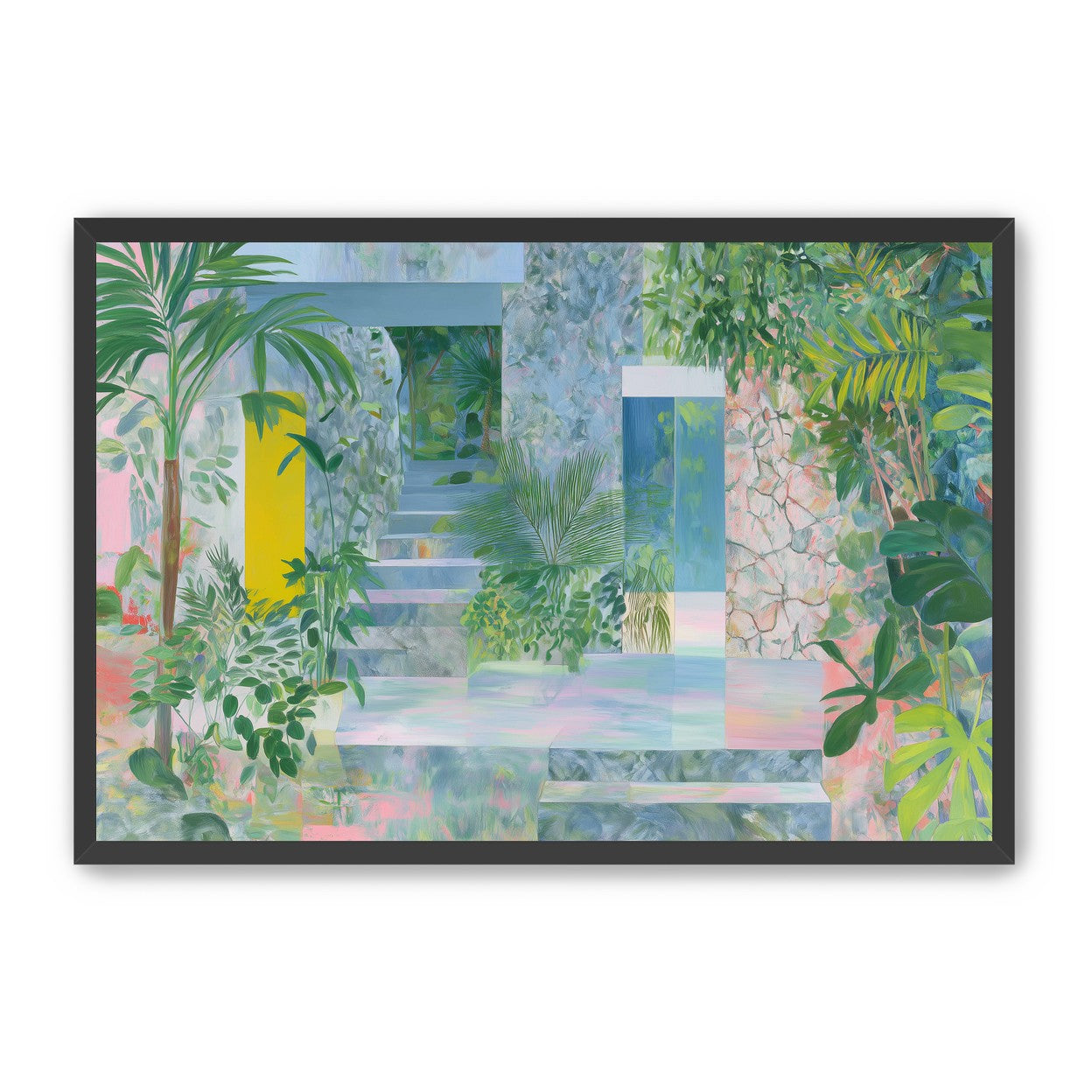 Pastel stairs between yellow and blue doors