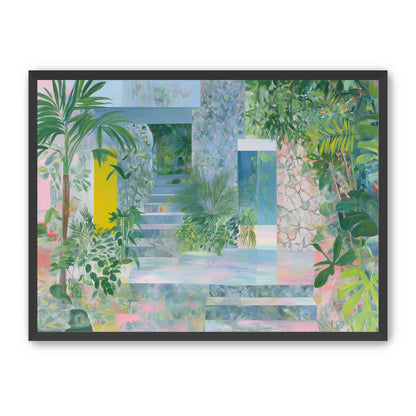 Pastel stairs between yellow and blue doors