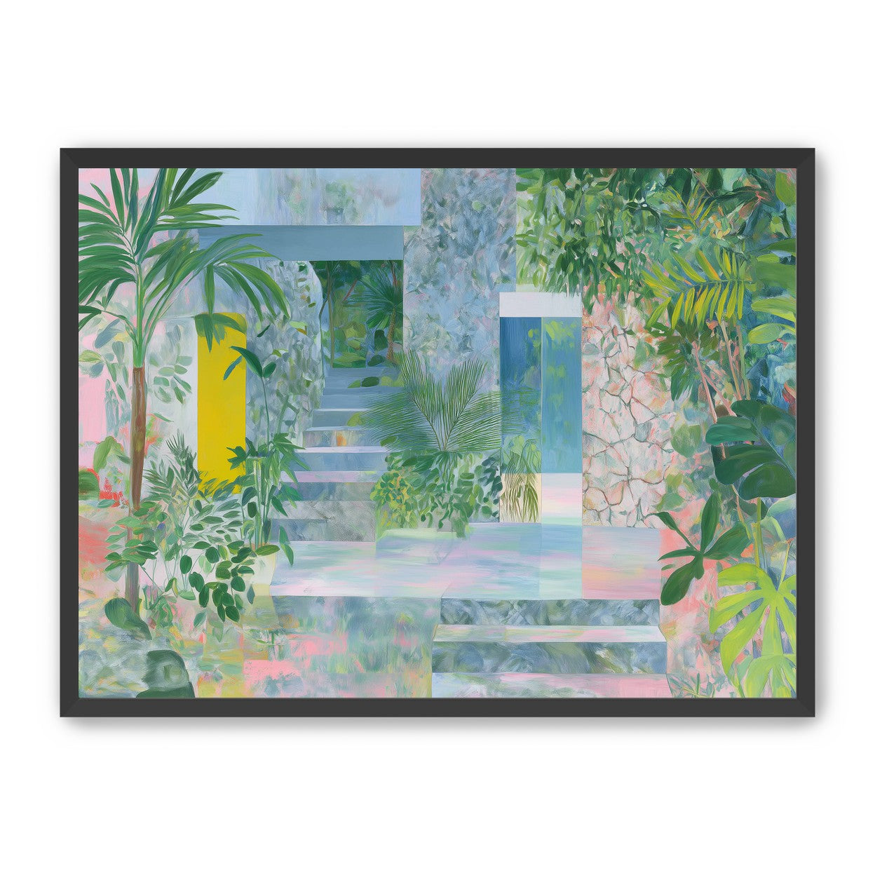 Pastel stairs between yellow and blue doors