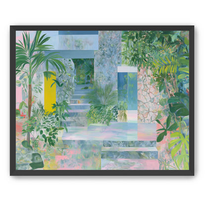 Pastel stairs between yellow and blue doors