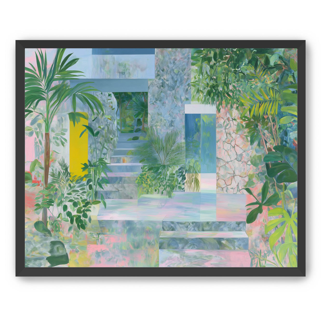 Pastel stairs between yellow and blue doors