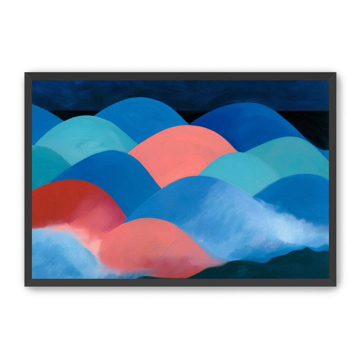 Pink moon among blue hills