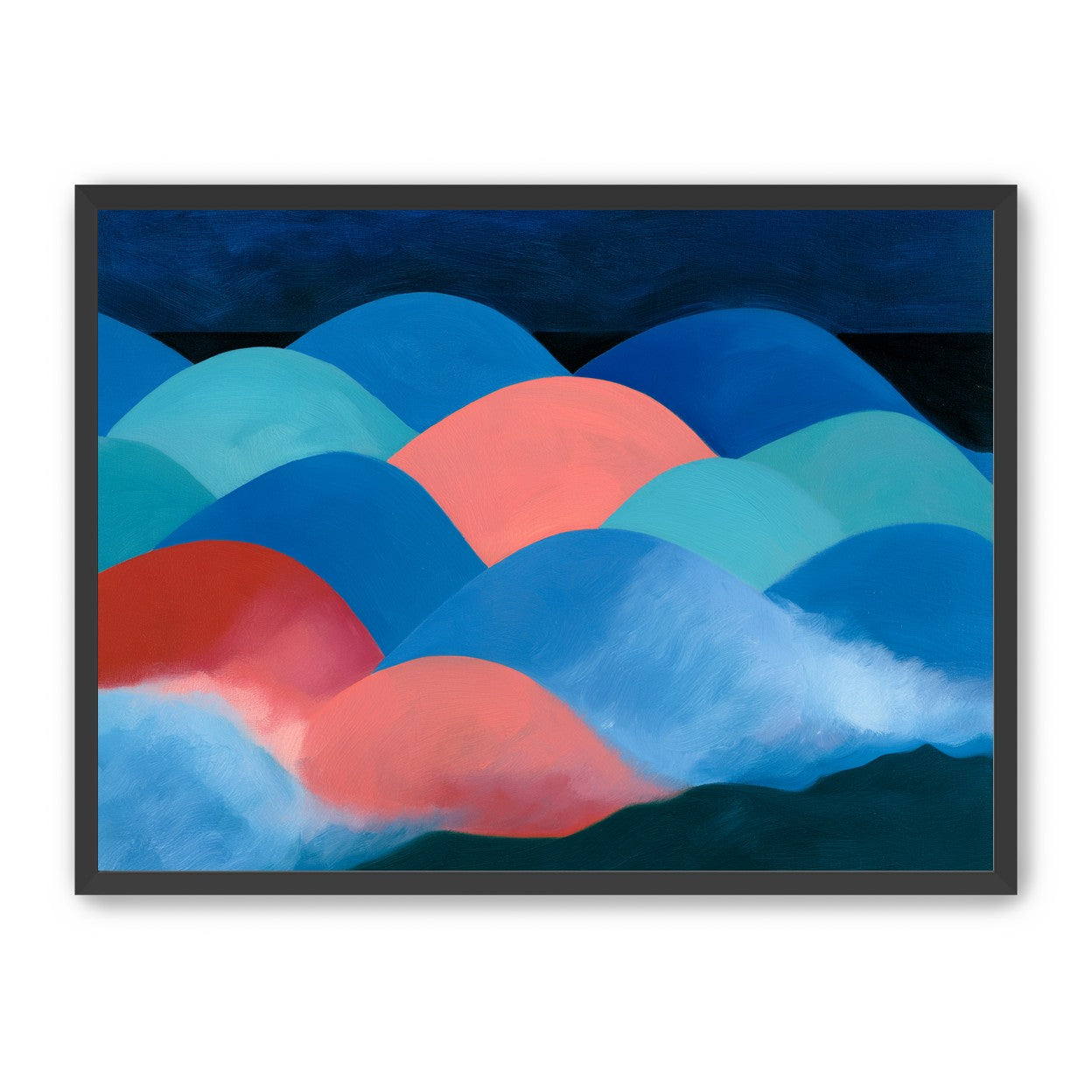 Pink moon among blue hills