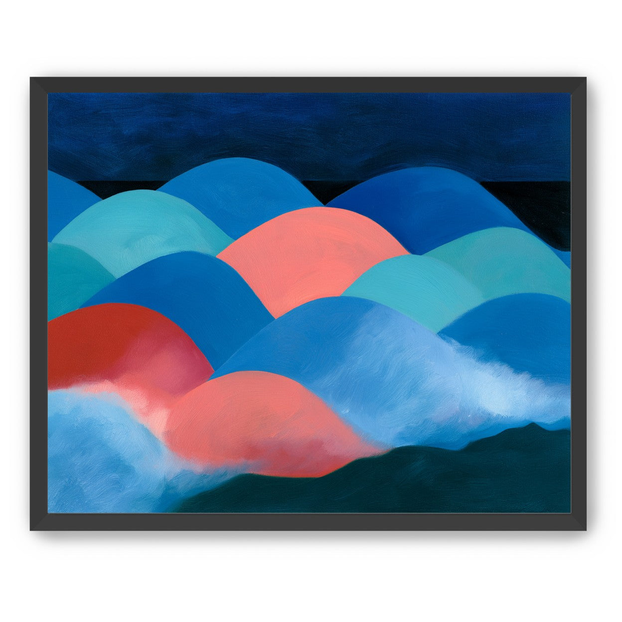 Pink moon among blue hills