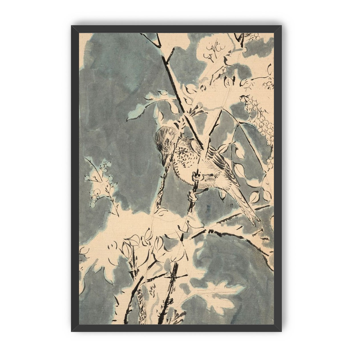 Quiet bird in berry branches