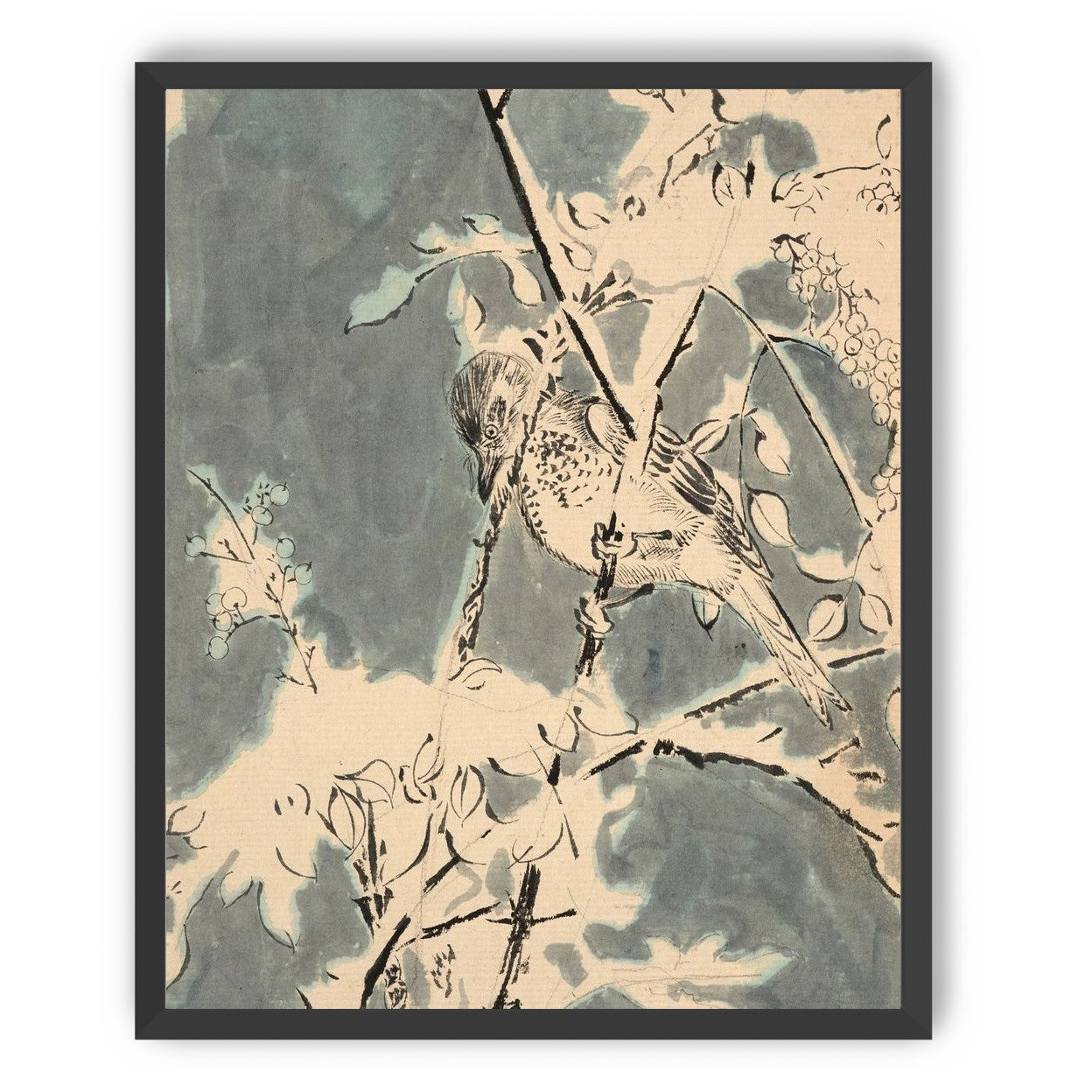 Quiet bird in berry branches