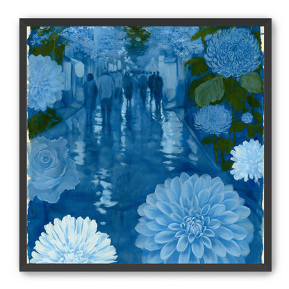 Blue street with flowers