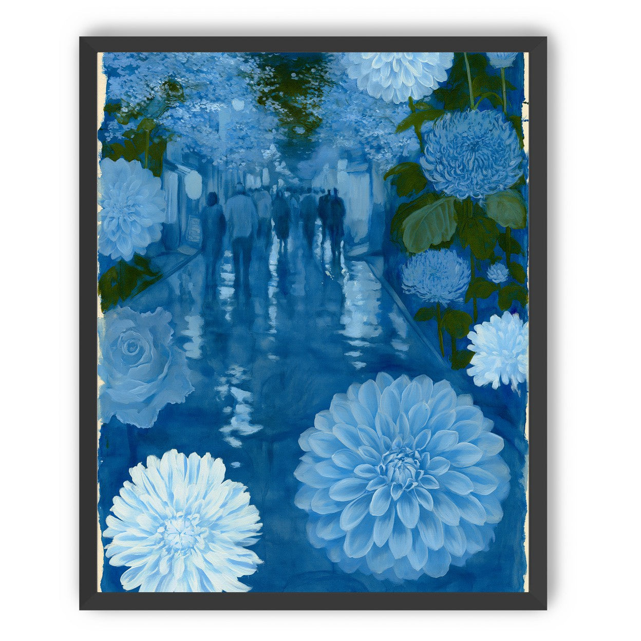 Blue street with flowers
