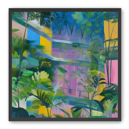 Blue roof over pink atrium