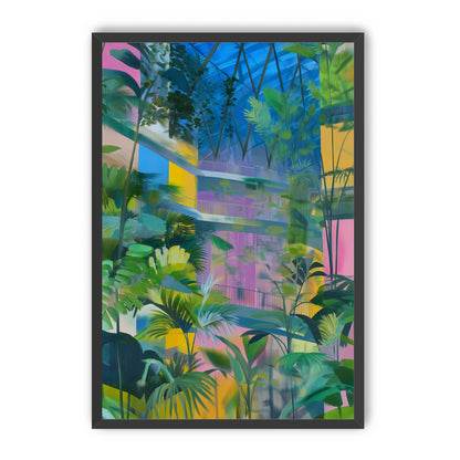 Blue roof over pink atrium