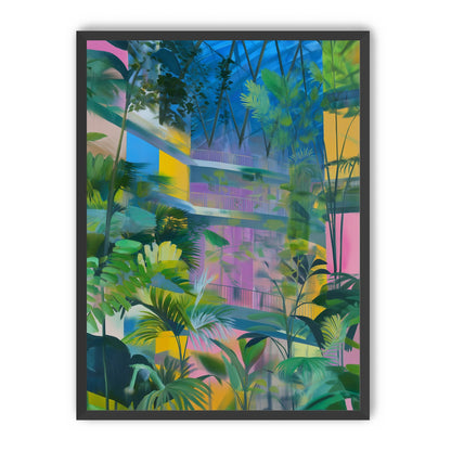 Blue roof over pink atrium