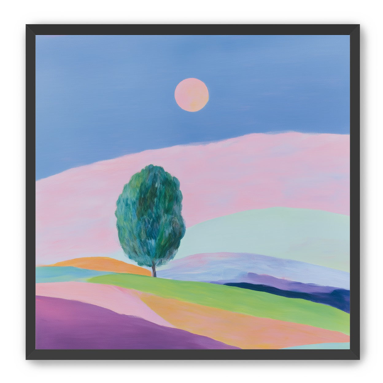A pale sun above hills