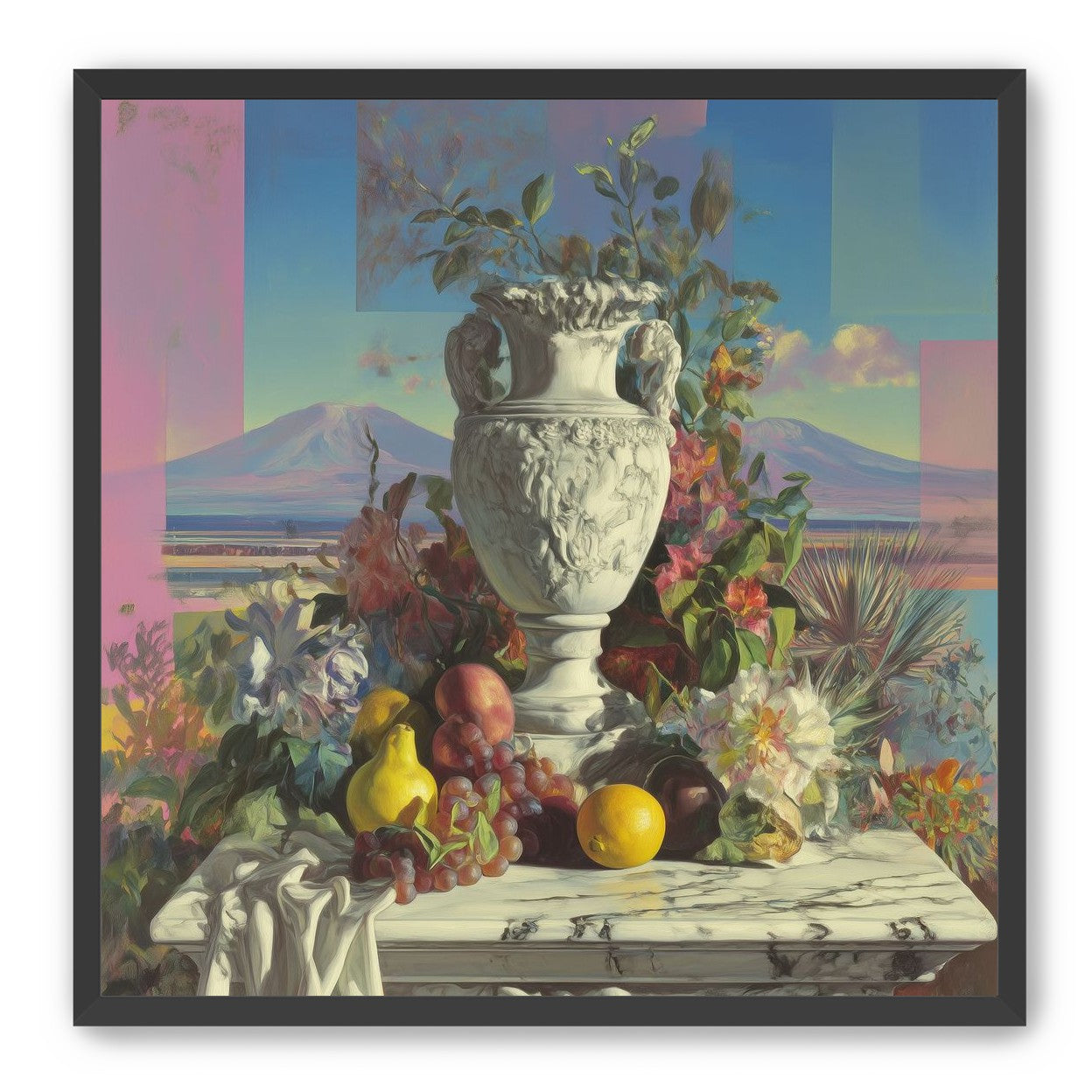 Urn and fruit before mountains