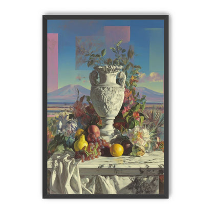 Urn and fruit before mountains