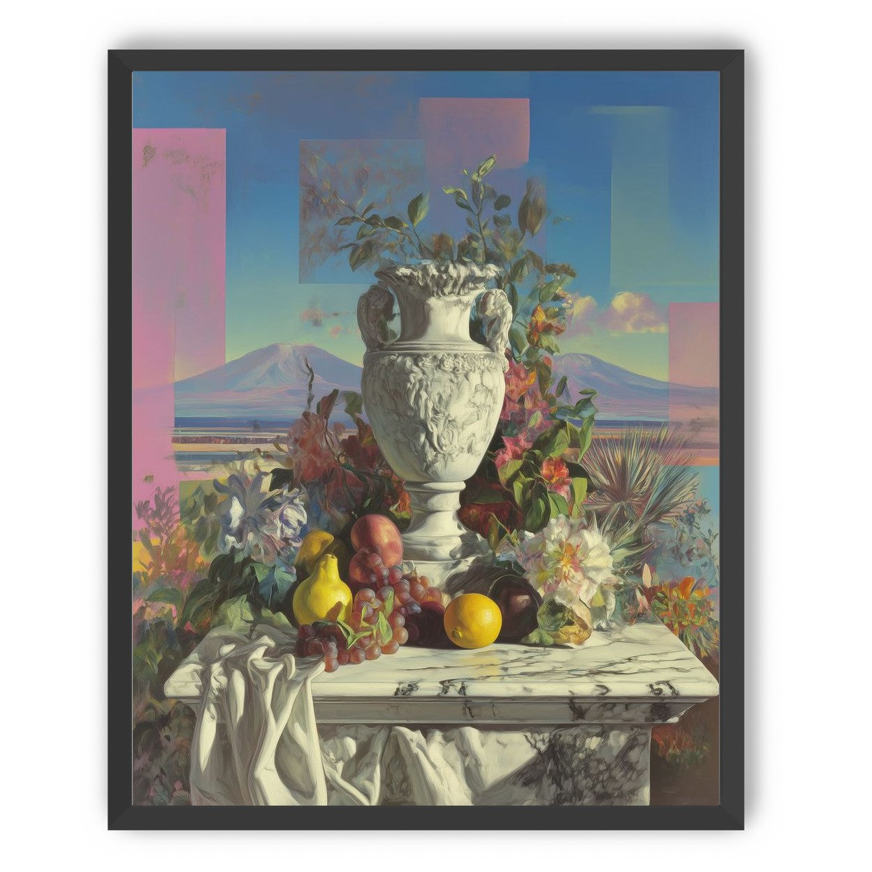 Urn and fruit before mountains