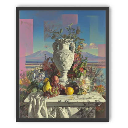 Urn and fruit before mountains