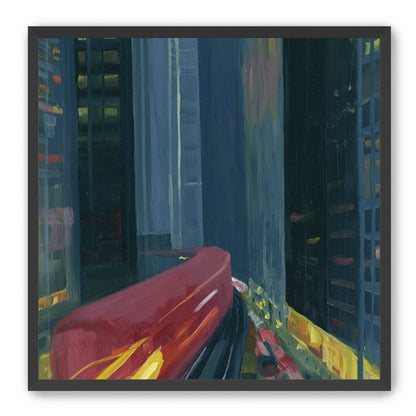 Red train in blue towers