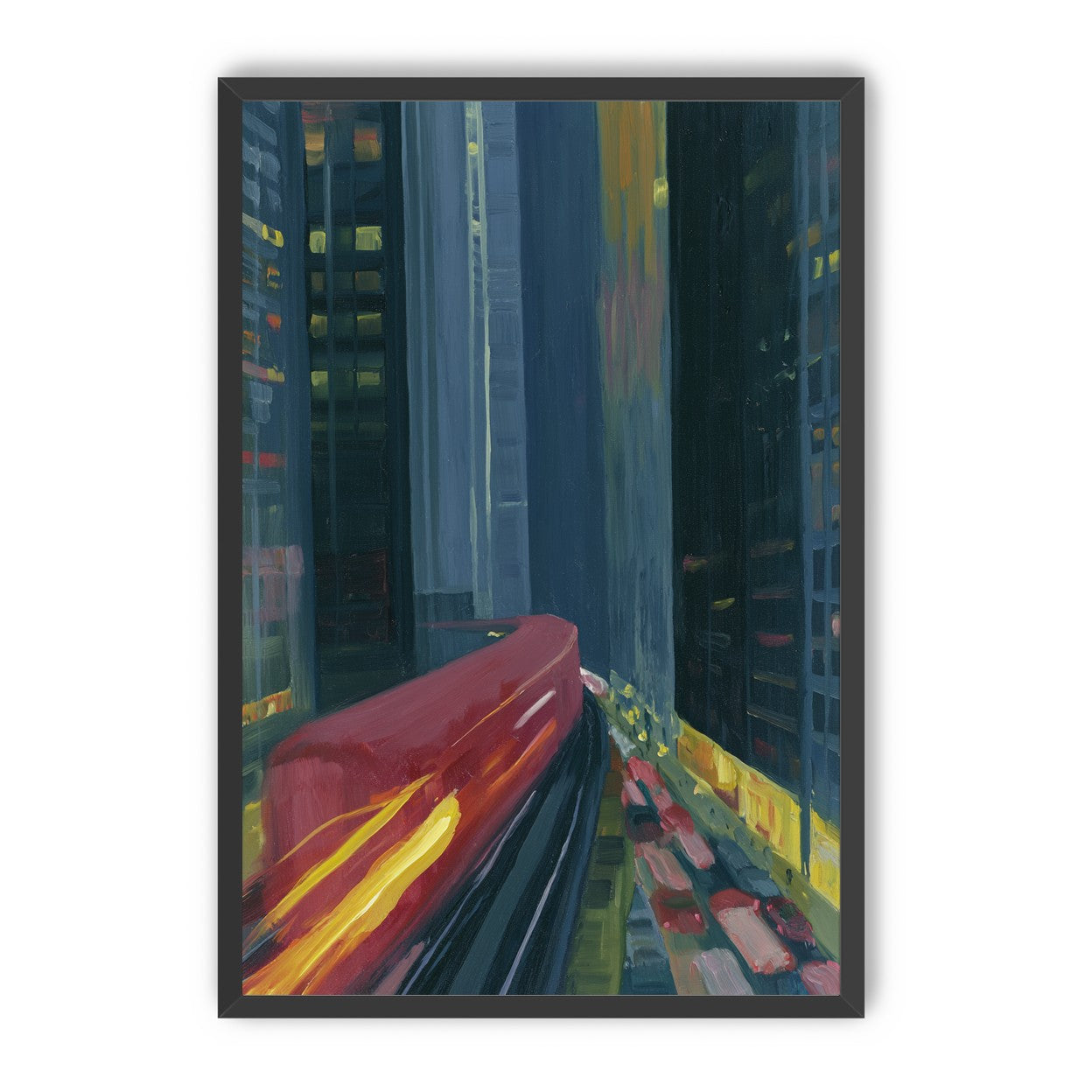 Red train in blue towers