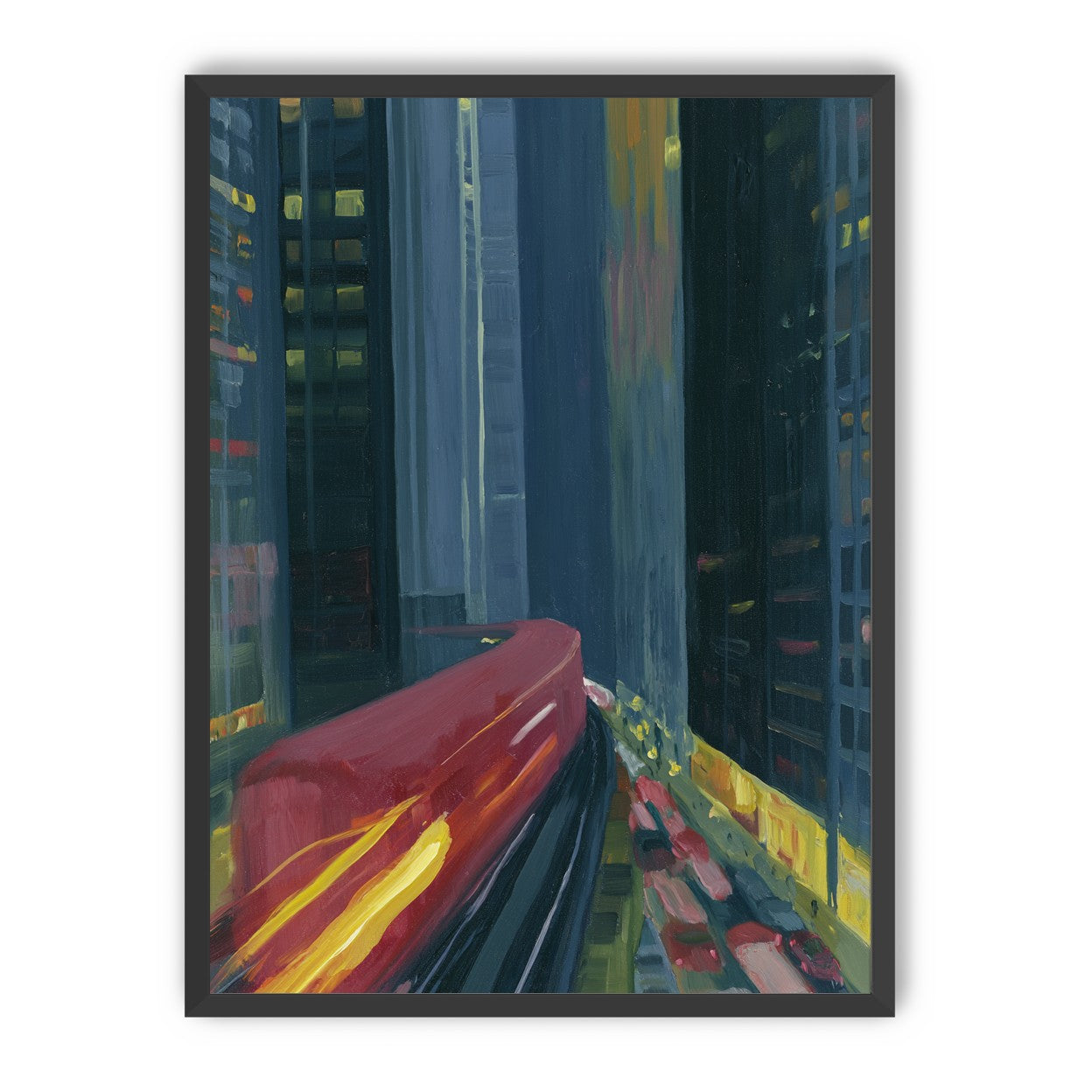 Red train in blue towers