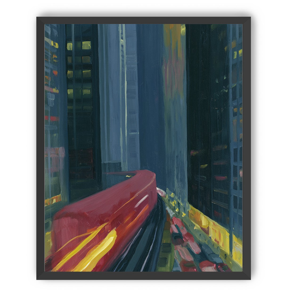 Red train in blue towers