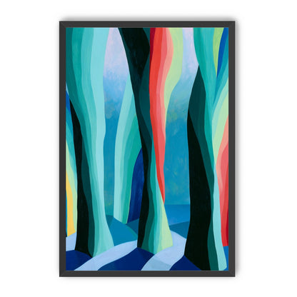 Between red trunks and blue shadows