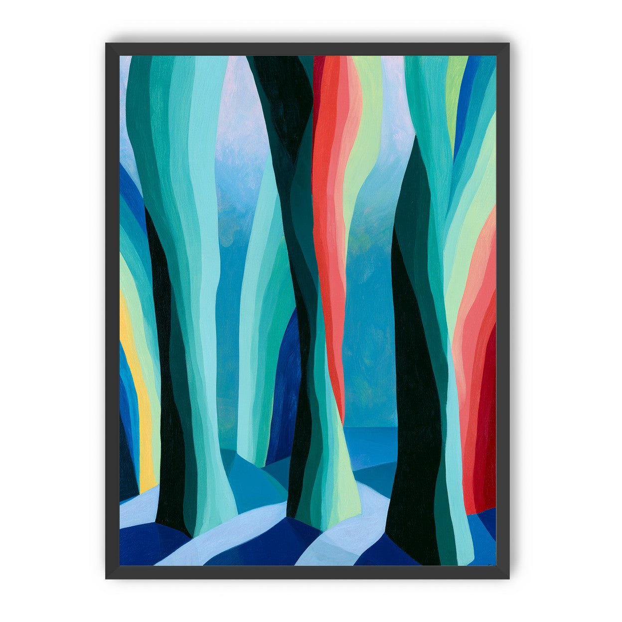 Between red trunks and blue shadows