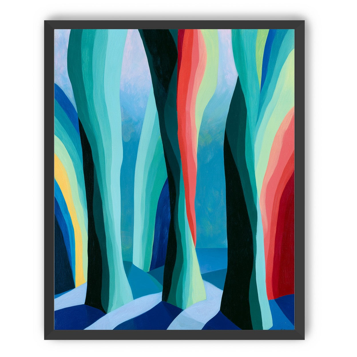 Between red trunks and blue shadows