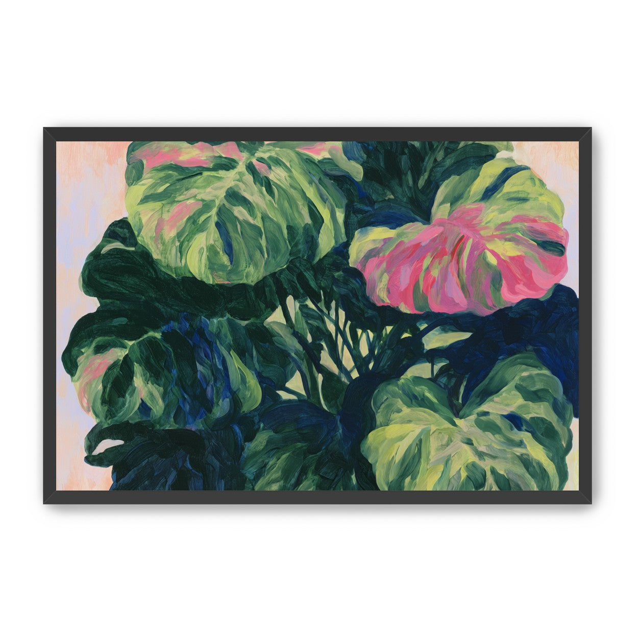 Pink light on green leaves