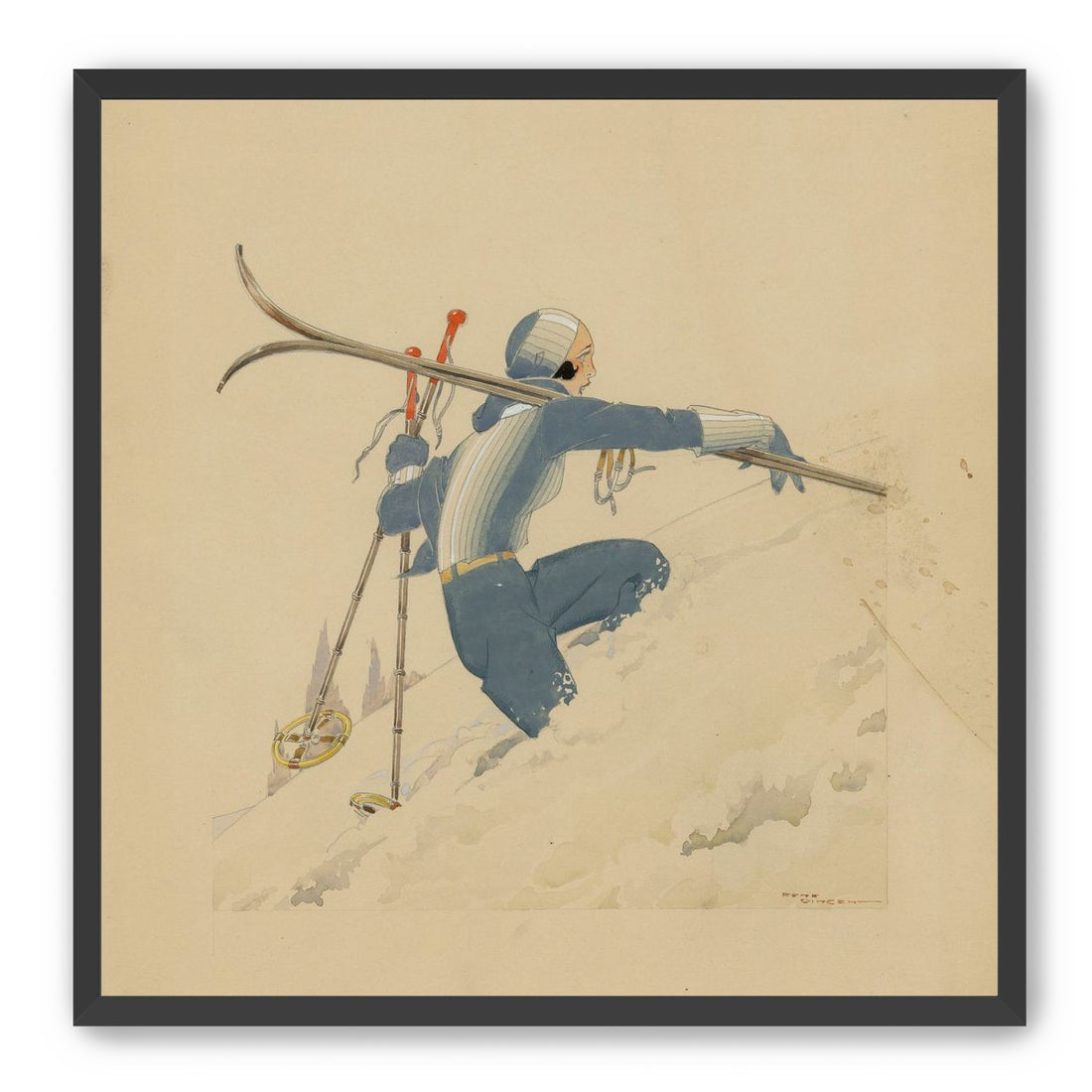 Blue skier in pale snow