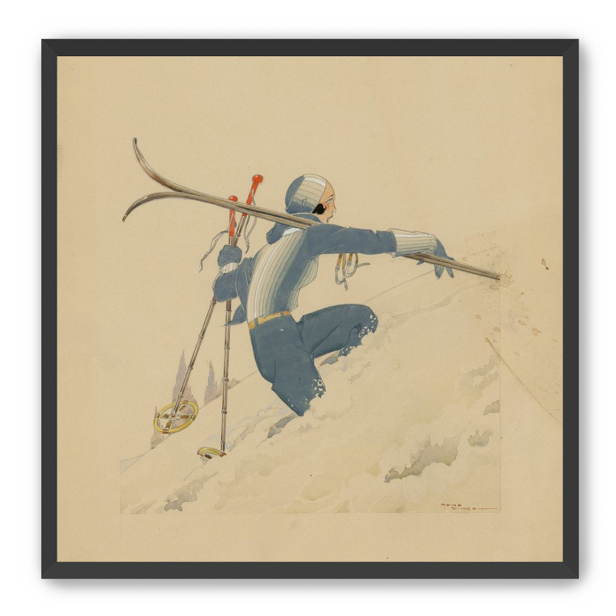 Blue skier in pale snow
